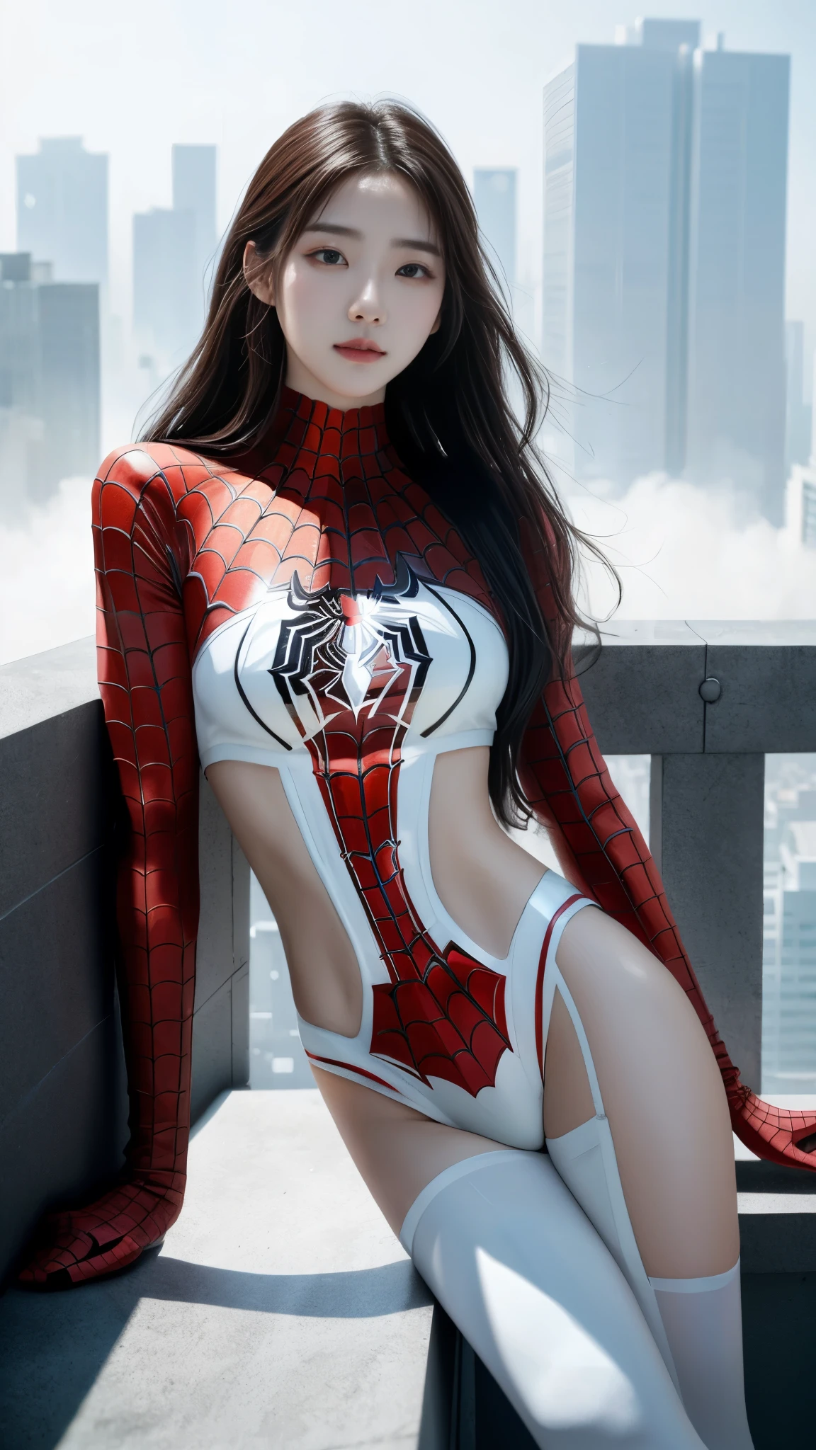 (1 woman:1.3), alone, (((Very detailed face)))), ((very detailed 눈과 얼굴)))), beautiful 디테일의 눈, body parts__, official art, Integrated 8K wallpaper, very detailed, beautiful and beautiful, beautiful, masterpiece, best quality, original, masterpiece, very nice photo, best quality, ultra high resolution, realistic realism, sunlight, full body portrait, amazing beauty, dynamic pose, delicate face, lively eyes, (from the front), she wears a spiderman suit, red and black color scheme, spider, very detailed 도시 지붕 배경, rooftop, city view, detailed face, Detailed complex busy background, crummy, very cool, milk white, very detailed 피부, realistic skin details, visible pores, clear focus, volumetric fog, 8k words, dslr, high quality, film grain, fair skin, photo realism, lomography, Futuristic dystopian megacity, transparent