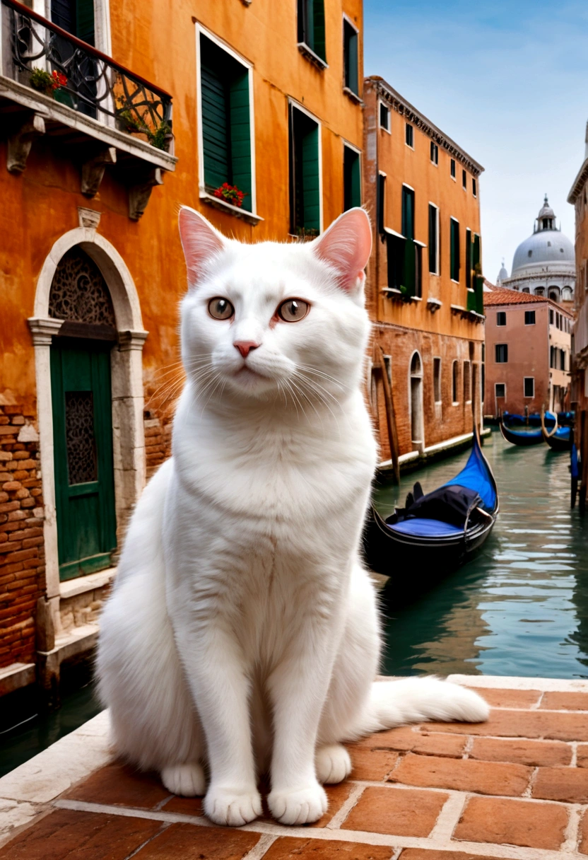 Masterpiece, medieval Venice, Port town, Beautiful white cat