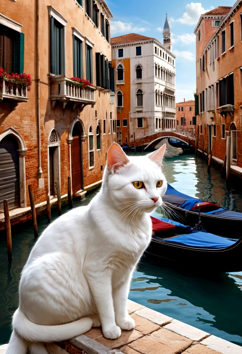 Masterpiece, medieval Venice, Port town, Beautiful white cat
