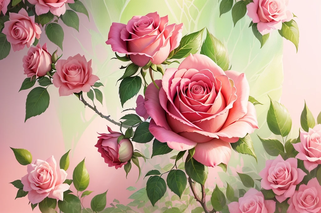 there is a picture of a pink rose with green leaves, detailed digital painting, very detailed digital painting, ultra detailed color art, beautiful flower, 🌺 cgsociety, digital painting highly detailed, pink rose, glossy digital painting, giant mechanical rose, high detail digital painting, elegant digital painting, 8k high quality detailed art, [ 4 k digital art ]!!, rose background