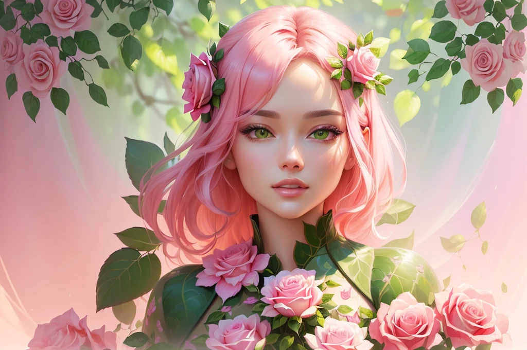 there is a picture of a pink rose with green leaves, detailed digital painting, very detailed digital painting, ultra detailed color art, beautiful flower, 🌺 cgsociety, digital painting highly detailed, pink rose, glossy digital painting, giant mechanical rose, high detail digital painting, elegant digital painting, 8k high quality detailed art, [ 4 k digital art ]!!, rose background