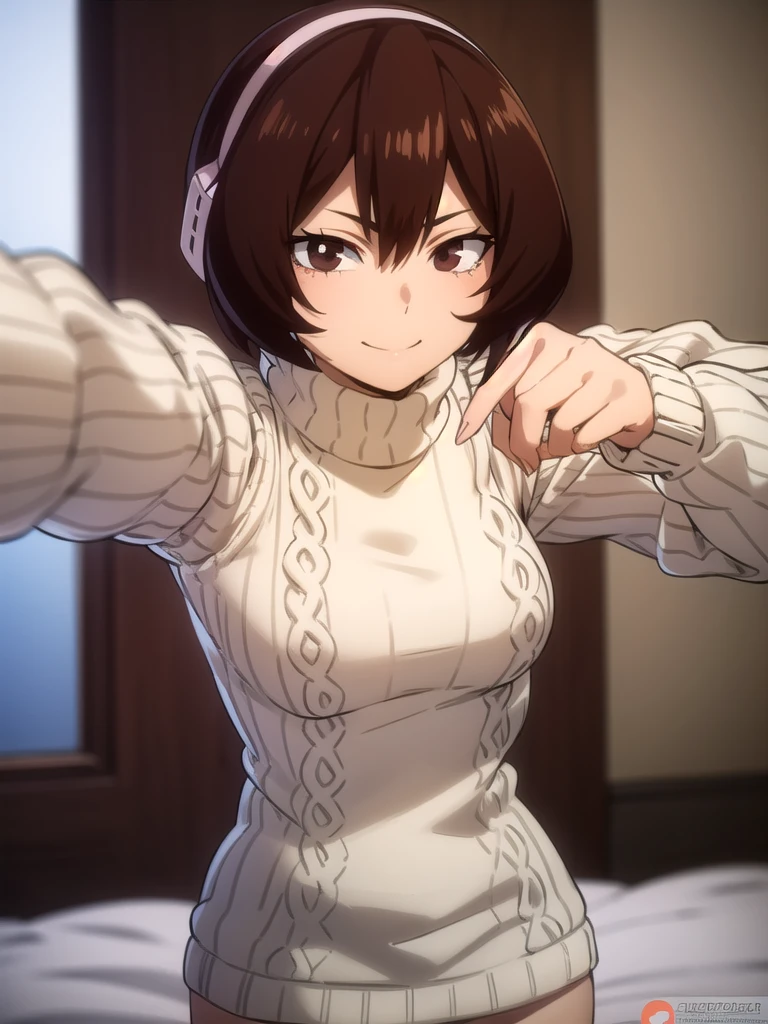 show off nipples,large breasts,shinososaki, shino sosaki, short hair, brown hair, hair between eyes, (brown eyes:1.5), smile,
virgin killer sweater, (ribbed sweater:1.5), (white sweater:1.5), long sleeves, turtleneck, 
BREAK indoors, bed,
BREAK looking at viewer, (cowboy shot:1.5),
BREAK (masterpiece:1.2), best quality, high resolution, unity 8k wallpaper, (illustration:0.8), (beautiful detailed eyes:1.6), extremely detailed face, perfect lighting, extremely detailed CG, (perfect hands, perfect anatomy),