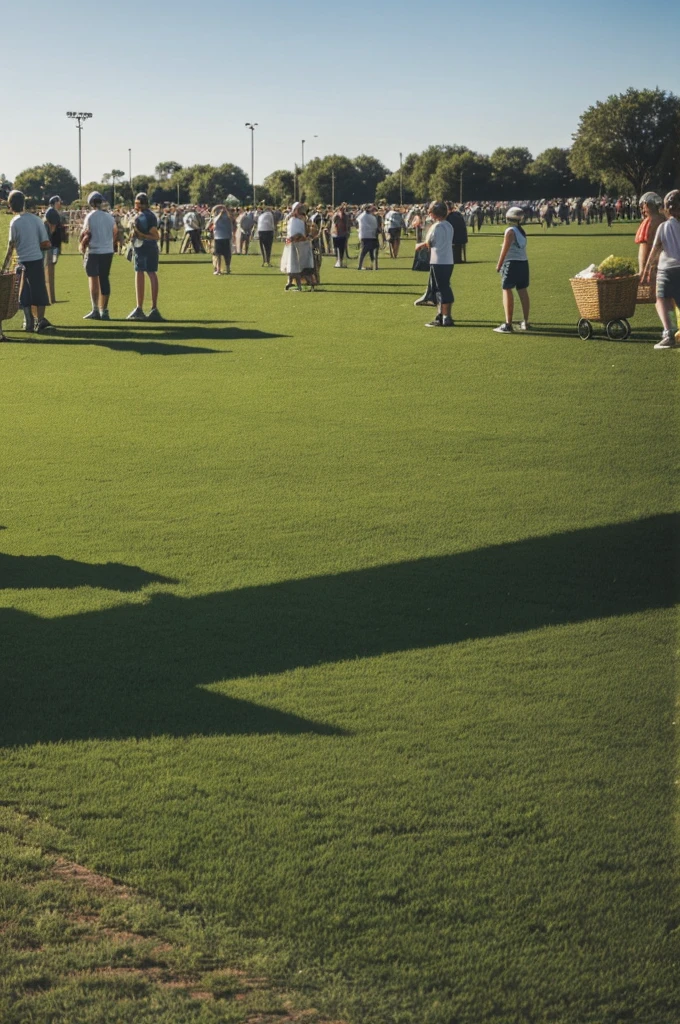 A crowd of people with baskets with leftovers, representing what is saved from what was left over.a meal You can consider using a soft green like the current grass.