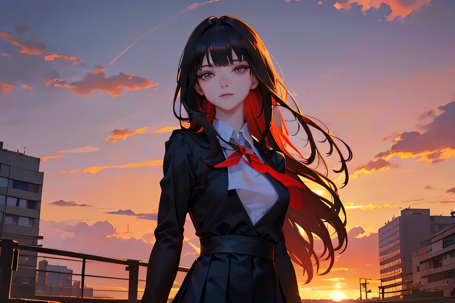 masterpiece, top quality, super detailed, high resolution, (ink painting style), excellent anatomy, beautiful 1 woman, (slender, medium breasts, black straight long hair, little smile face, long sleeves black school uniform:1.5), (turn around at sunset, red sky is reflected sunset light, hair is blowing), (beautiful red sunset sky at skyscraper city landscape:1.5), (natural lighting:1.5), 8k, (delicate and beautiful eye:1.3), (real human skin:1.3), best light, best shadow, mysterious, perfect face, highly detailed,