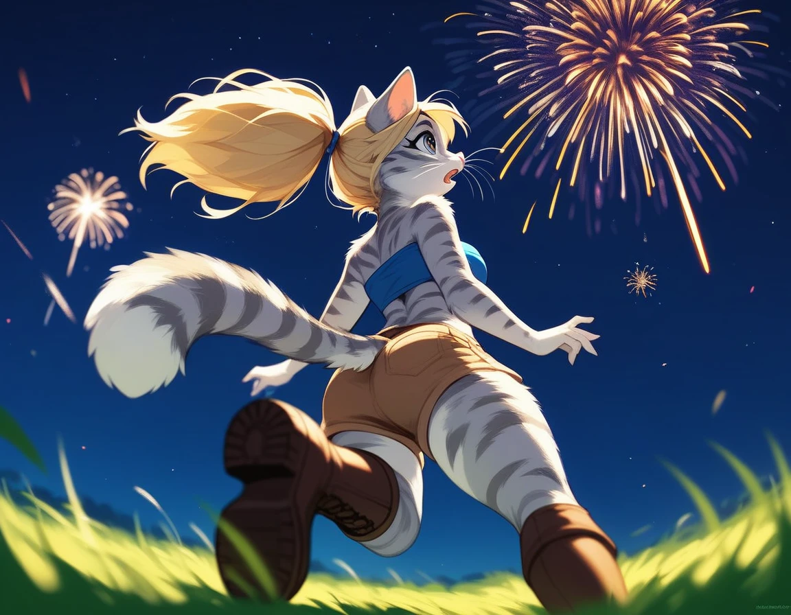 Solo, score_9,score_8_up,score_7_up, source_furry, kat, Anthro furry feline, big blue sparkling eyes, blonde hair, (ponytail hair), pink nose, :3, white whiskers, silver fur with grey stripes, furry body, wearing solid blue bandeau, brown short shorts, brown boots, neutral standing position, standing, curious expression, looking up at the sky, on a grassy field, mouth open, :o, rear view, low angle shot, many fireworks in the night sky, night time