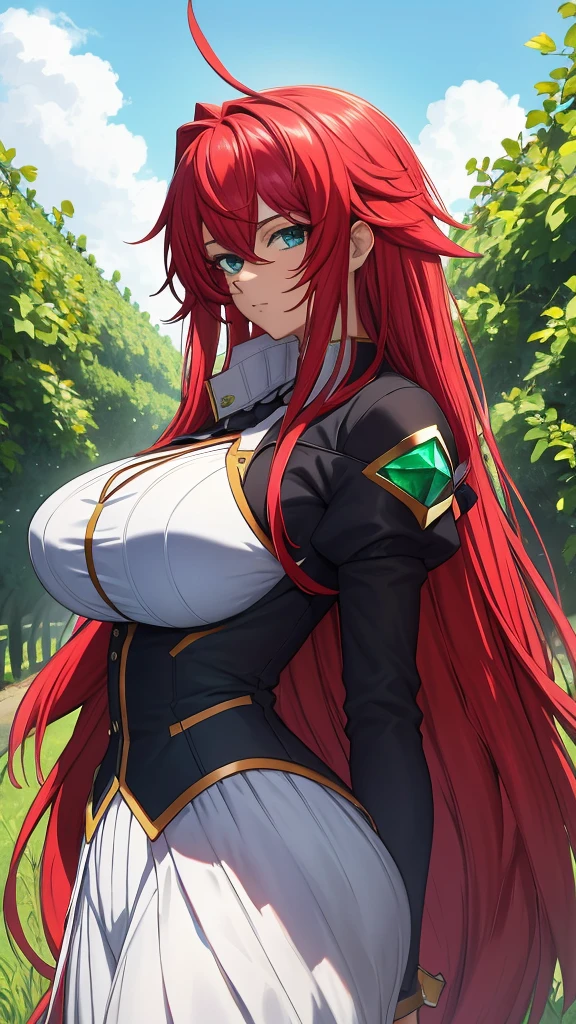 ​masterpiece, top-quality, hight resolution, Rias Gremory, 1girl in, length hair, grape-colored hairs, Ahoge, blue eyess, large round breasts, Very long hair, strong, emerald-green colored clothes