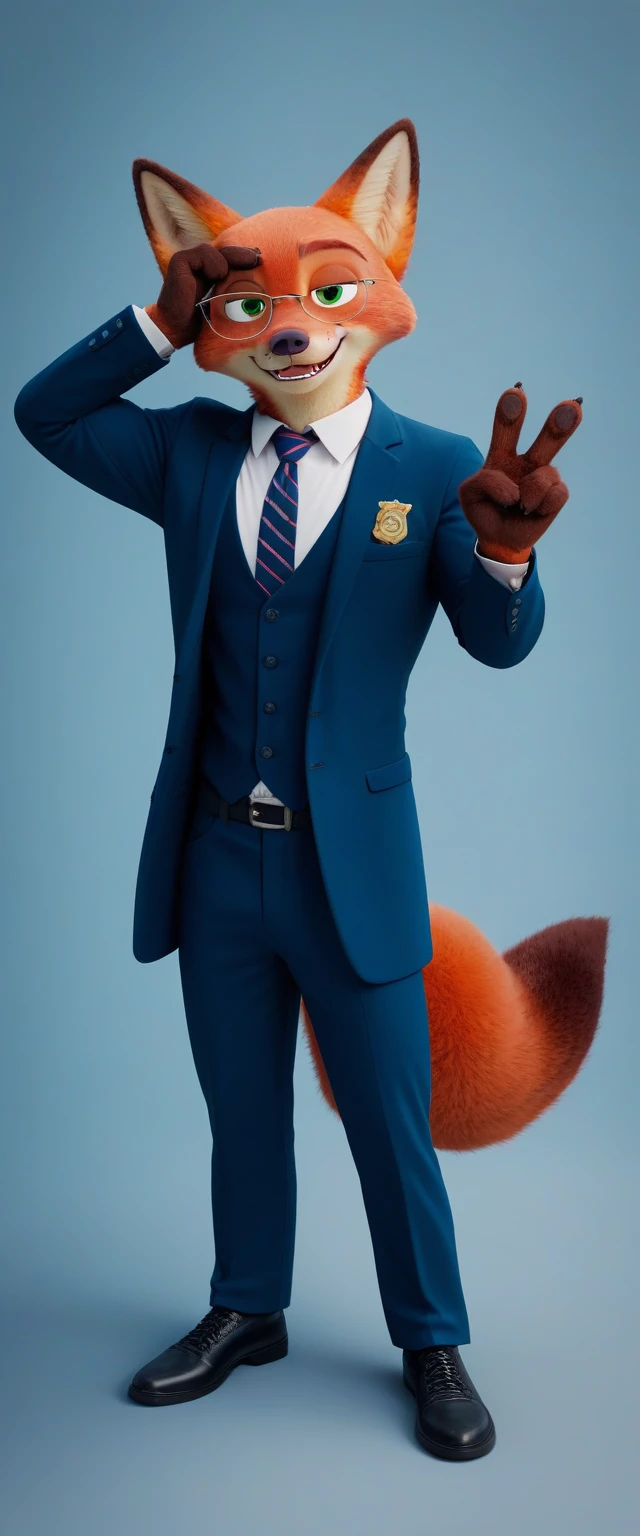 check_9, check_8_up, check_7_up, rating_safe,source_fluffy,antro,source_3d, Nick Wilde, male muscular falcon (fursuit version) looking at viewer gesture of peace and love (standard tuxedo, glasses, tie shoes,for the film) (ultra realistic, almost looks like a person) (Blue eyes)