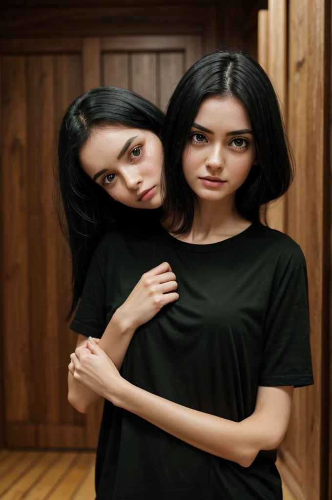 A black-haired girl a little messy her black hair, crying eyes, teary green eyes, tirada en el wooden floor, wooden floor, fine facines, large eyes, green look, scary face, his body covered by a black shirt, wearing a black shirt, in the background a dark room, a night room,pale skin, pale skin, detailed, better quality