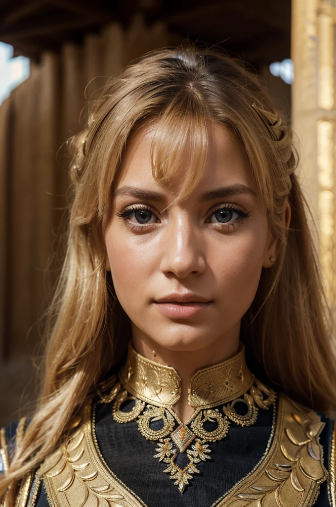 a beautiful blonde woman, beautiful golden blonde hair, detailed eyes, beautiful detailed lips, extremely detailed face, long eyelashes, in the country of Egypt, wearing a long black arab dress which goes to her feet, (best quality,4k,8k,highres,masterpiece:1.2),ultra-detailed,(realistic,photorealistic,photo-realistic:1.37),HDR,UHD,ultra-fine painting,sharp focus,physically-based rendering,extreme detail description,professional,vivid colors,bokeh,portrait, vue sur les pyramides en arrière plan, photo prise par un photographe, le cheveux porter par le vent, les mains derrière le dos