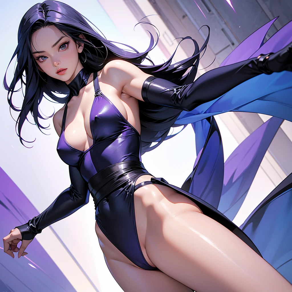 "Create a highly detailed image of Psylocke from Marvel Comics, featuring her defined and fit body. She should be wearing a black swimsuit and have a long purple sash tied around her waist. Her arms and legs have black bands. The scene should depict her a in a dynamic pose, showing off her muscular, athletic physique. The background should be subtle but suggest a futuristic or mystical setting, ensuring the focus remains on Psylocke. Use vibrant colors and sharp details to reflect the Marvel Comics style.