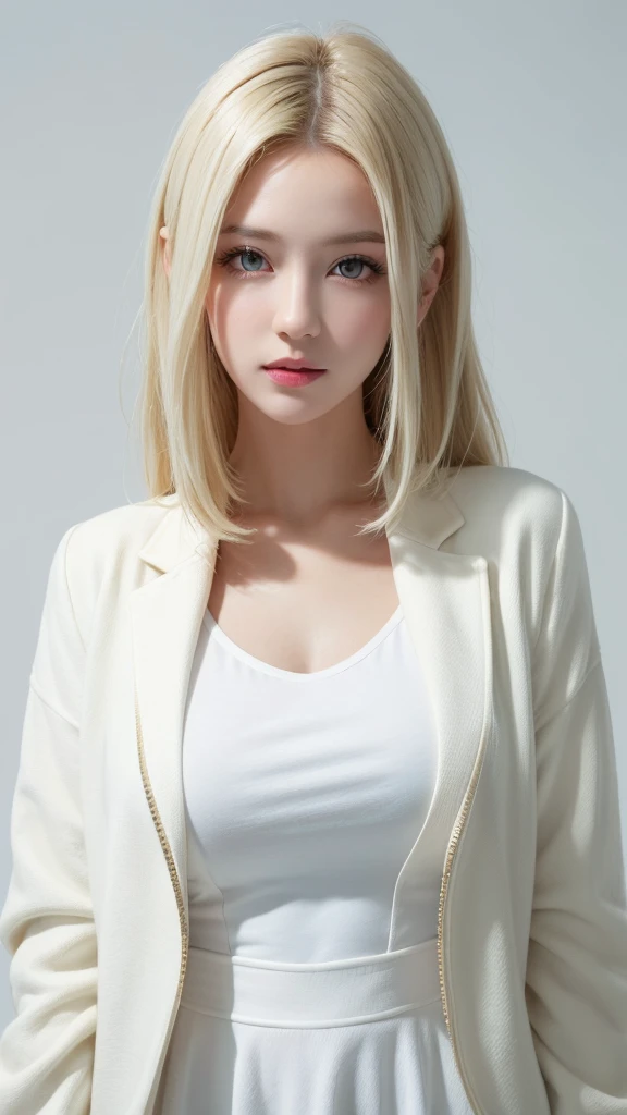 (((forehead、White Blonde Hair、Northern Europe、White people、beautiful girl、Blonde、White background、open jacket、lender )))、table top, highest quality, figure, super detailed, finely, High resolution, 8k wallpaper, Perfect dynamic composition, detailed and beautiful eyes, Deco out,bionde, medium hair, big breasts, Natural color lip,white background, random cute poses,frill dress