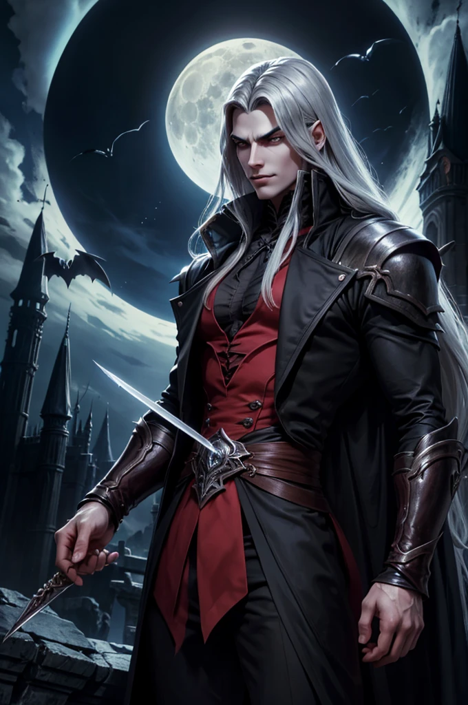 Create a vampire character named Nebur Belmont. His physical features should be similar to those of Alucard from Castlevania: Symphony of the Night. Nebur Belmont should have an elegant and mysterious appearance, with long silver hair, piercing eyes and sharp facial features. Wear dark and gothic style clothes. Your presence must be imposing and noble, reflecting his aristocratic origin and supernatural power. with the full moon in the background