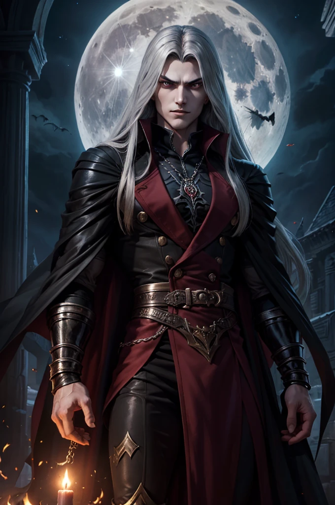 Create a vampire character named Nebur Belmont. His physical features should be similar to those of Alucard from Castlevania: Symphony of the Night. Nebur Belmont should have an elegant and mysterious appearance, with long silver hair, piercing eyes and sharp facial features. Wear dark and gothic style clothes. Your presence must be imposing and noble, reflecting his aristocratic origin and supernatural power. with the full moon in the background