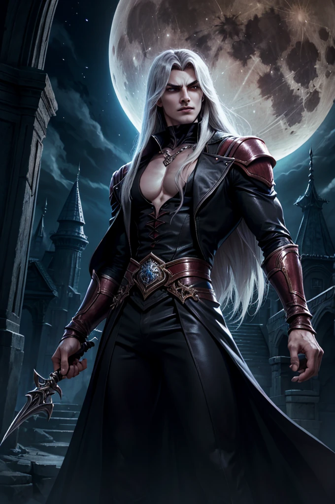Create a vampire character named Nebur Belmont. His physical features should be similar to those of Alucard from Castlevania: Symphony of the Night. Nebur Belmont should have an elegant and mysterious appearance, with long silver hair, piercing eyes and sharp facial features. Wear dark and gothic style clothes. Your presence must be imposing and noble, reflecting his aristocratic origin and supernatural power. with the full moon in the background