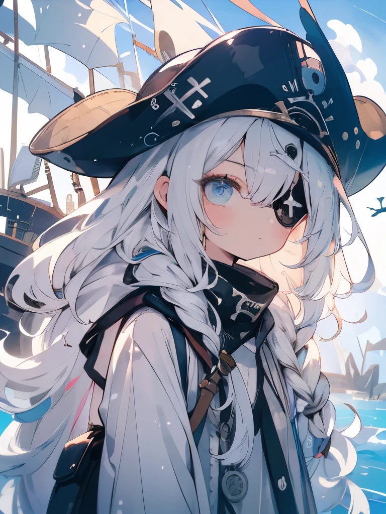 masterpiece、girl、White Hair、Ocean賊の服、Wear a tricorn hat、((Black eyepatch))、Skull mark、Serious face、Ocean、On the boat、Upper Body