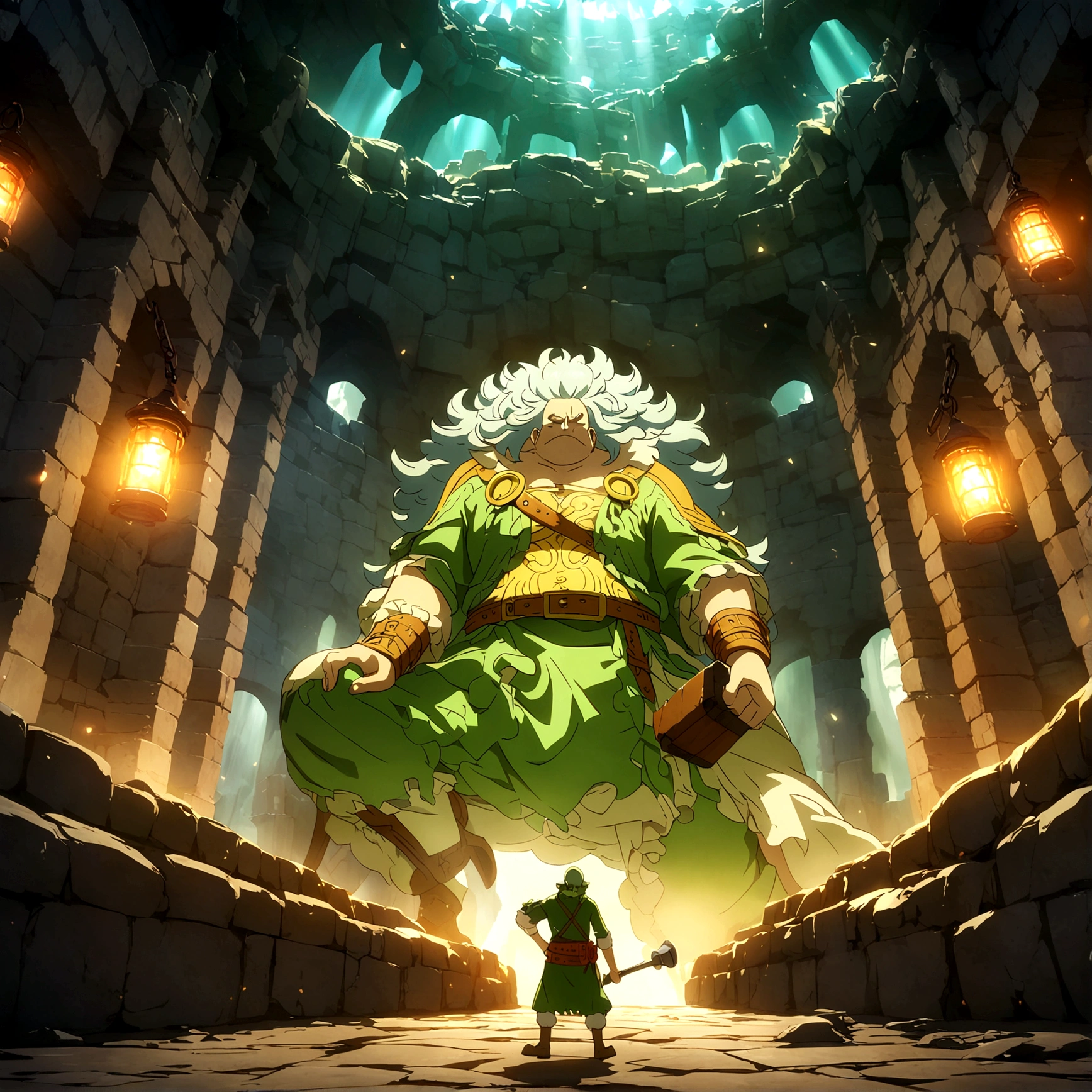 Young dwarf, gray-green hair, no beard, emerald green eyes, small hammer in hand, blacksmith outfit, grumpy expression, blacksmith forge background, "Anime inspired by One Piece, filled with dramatic and incredible lighting, dramatic lighting, infused with creative details, ultra-fine 2D design, scenery bathed in creativity, bathed in creativity, boasting HD anime resolution clarity, HD anime graphics, high-octane rendering"
