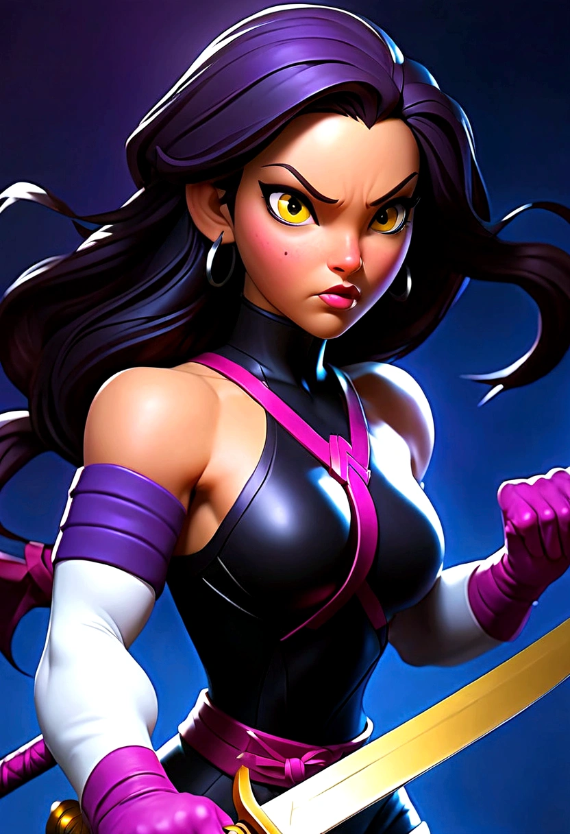 Arafed woman with big with abs muscle viens dressed in latex holding a sword and a sword., psychopath, PSYLOCKE de los x men, PSYLOCKE de los x men, young ninja gaiden portrait, retrato seductor de PSYLOCKE, samira from league of legends, PSYLOCKE de los xmem, PSYLOCKE, cosplay, heroine, PSYLOCKE, black and violet suit hazel yellow cat eyes. every smile at camera