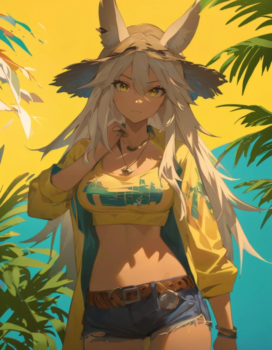 An anime girl with long hair and a yellow shirt stands in front of a palm tree, Anime Style 4 k, artwork in the style of Gwaiz, アニメアート壁紙 8K, Gwaiz, 4K Manga Wallpapers, Artjam and Athi Gairan, Anime Style. 8K, アニメ ラッシュ ジョン 8K ウッズ