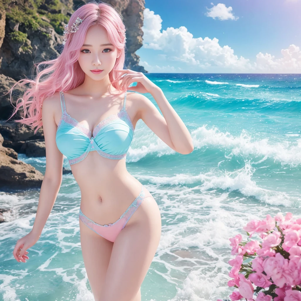 AI x Wave Beauty, Aphrodite's magic tool for real beauty, upper body, bright pastel pink and pastel blue predominant, dreamy atmosphere, realistic image, soft focus