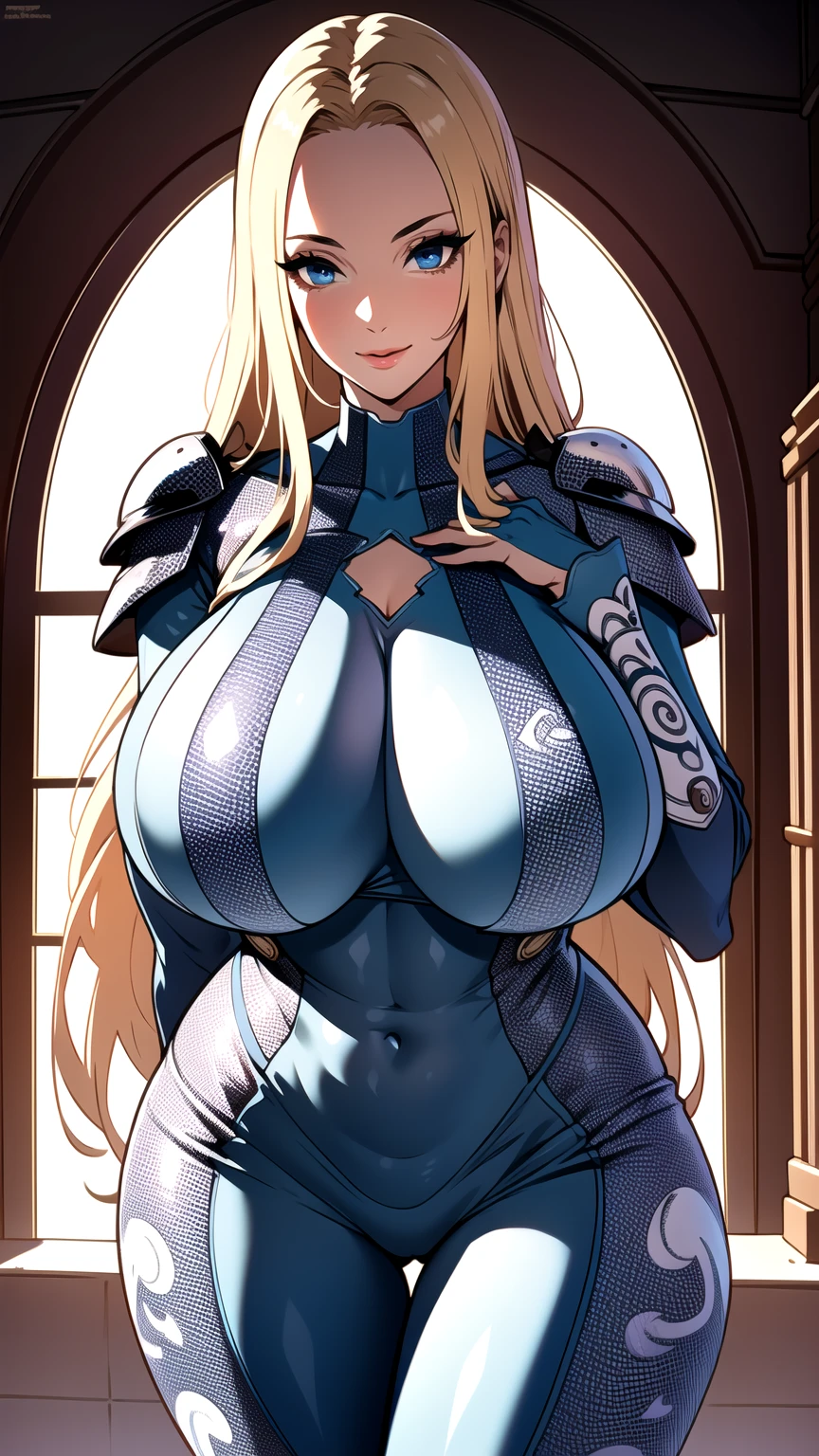 ultra realistic 8k cg, masterpiece, ((ultra detailed background, delicate pattern, intricate detail, highly detailed, fine details best quality, hyperdetailed face)), gigantic breasts ,beautiful lighting, absurdres, BoaHancockV2, 1girl, solo,  blonde hair, long hair, jewelry, closed mouth, ), (((very tight suit) (chest armor), blue eyes, complex detailed background, inside, luxury palace), ((cowboy shot)), curvy, gigantic breasts, seductive smile