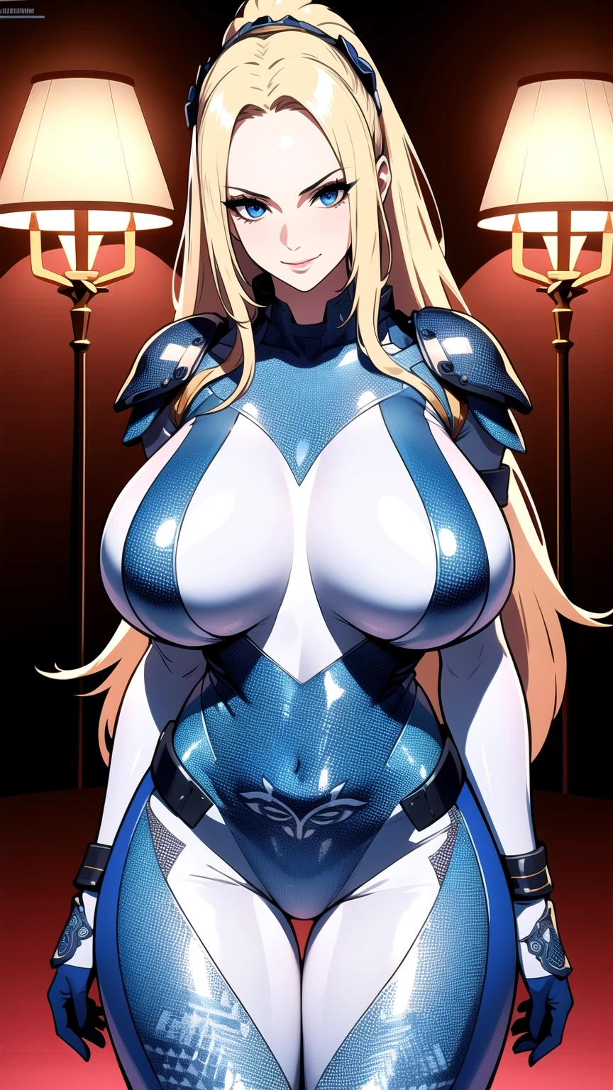 ultra realistic 8k cg, masterpiece, ((ultra detailed background, delicate pattern, intricate detail, highly detailed, fine details best quality, hyperdetailed face)), gigantic breasts ,beautiful lighting, absurdres, BoaHancockV2, 1girl, solo,  blonde hair, long hair, jewelry, closed mouth, ), (((very tight suit) (chest armor), blue eyes, complex detailed background, inside, luxury palace), ((cowboy shot)), curvy, gigantic breasts, seductive smile