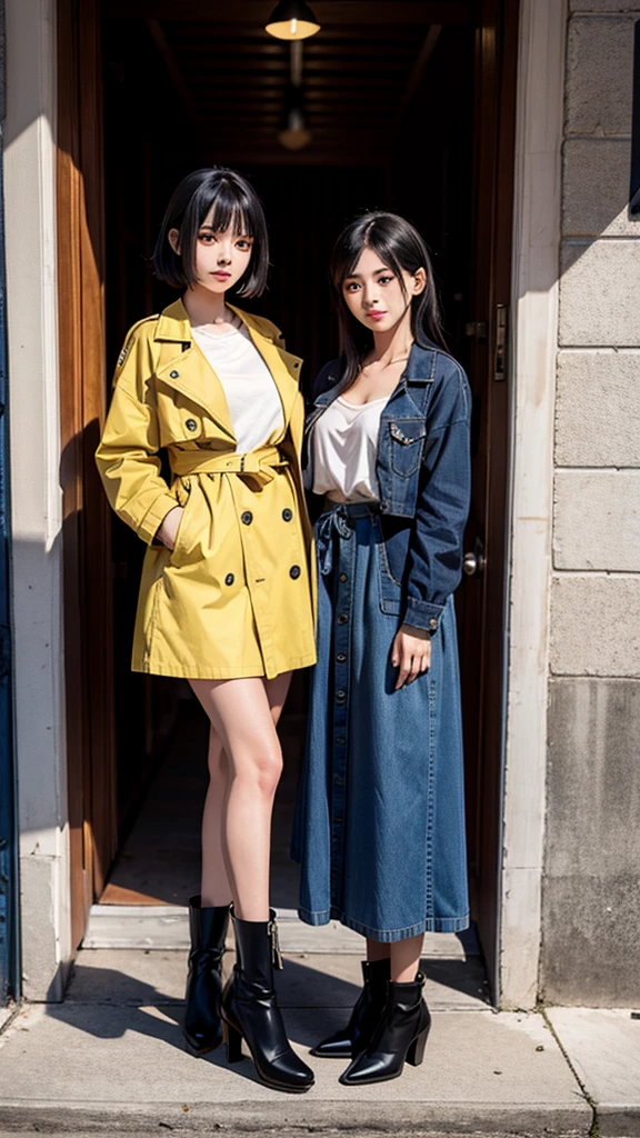 2girls, twins, short wavy navy blue hair, golden yellow glowing eyes, wearing black tube top, navy blue trench coat, navy blue long denim skirt, golden boots, sleeve tattoo, river, absurdres, high res, ultra sharp, 8k, masterpiece, looking at viewer