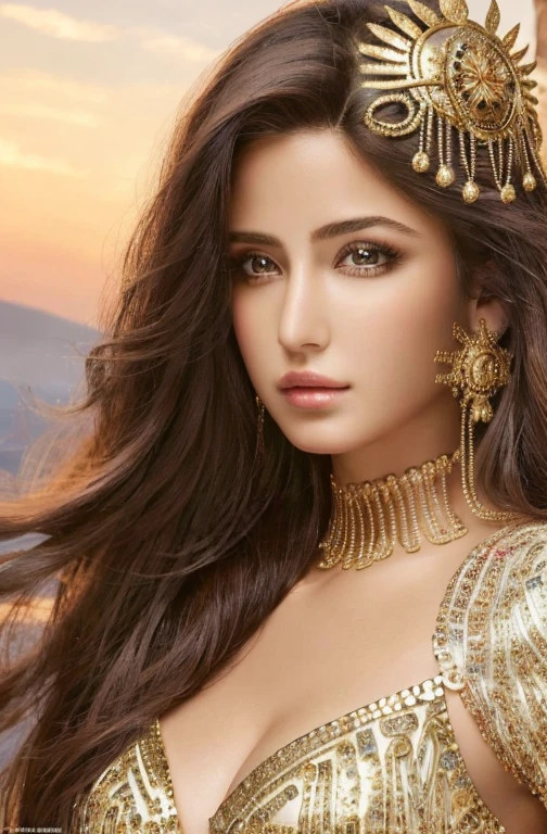 Absurd, ultra-detailed, high quality, masterpiece,  detailed face, beautiful eyes(detailed eyes), Greek mythology, Goddess, Hera , the queen of the gods, striking and captivating, features are classically beautiful, with high cheekbones, a perfectly proportioned face, eyes depicted as large and captivating, hold an intense gaze, golden hair , Gole hair is luxuriant and flowing, cascading down her back in waves , wearing elegant robes adorned with intricate patterns , Her beauty is not merely superficial but embodies the essence of power, authority, and regality.