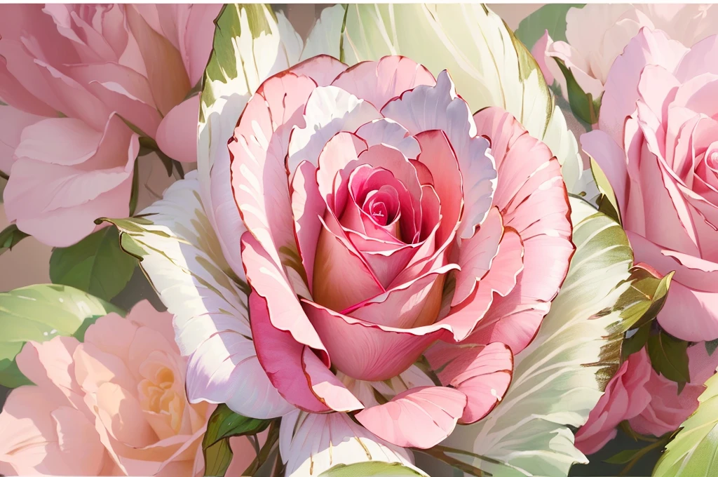 there is a picture of a pink rose with green leaves, detailed digital painting, very detailed digital painting, ultra detailed color art, beautiful flower, 🌺 cgsociety, digital painting highly detailed, pink rose, glossy digital painting, giant mechanical rose, high detail digital painting, elegant digital painting, 8k high quality detailed art, [ 4 k digital art ]!!, rose background