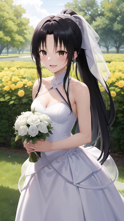 masterpiece, best quality, highres, 1girl, solo, long hair, black hair, ponytail, parted bangs, brown eyes, wedding dress, smile, open mouth, tears, holding bouquet, garden, confetti, standing, cowboy shot,