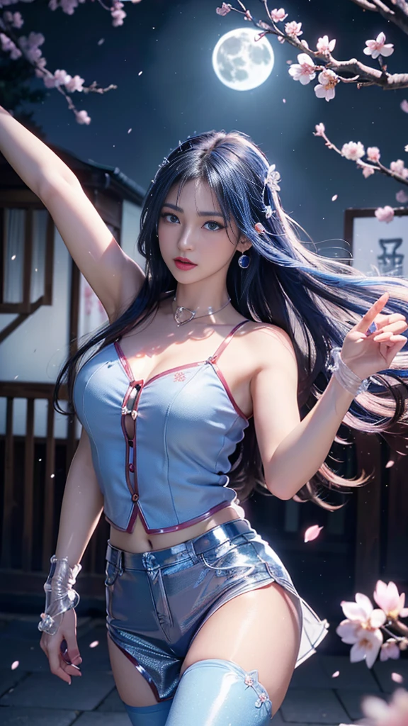 (Logo, masterpiece, 8K, On the table, RAW photos, wonderful, 最high quality, Photorealistic and hVery detailed CG integrated 8K wallpaper, high quality, Very detailed, Narrative Poems, Particle Effects, dynamic effect, Written border depth, light, lens flare, Ray Tracing)), fantasy, ((1 beautiful woman, Clear blue eyes, 赤いLong hair, Pretty Face, serious, Beautiful and delicate eyes, Beautiful skin, Woman dancing gracefully:1.7, Woman dancing gracefully:1.7)), 長い赤い髪がwindでなびく, 长长的红hair jump动, 長い赤い髪がwindで踊る, hair jump, camisole, Red leather pants, Red leather jacket, Silver earrings, ((night, wind, dark, Full Moon, night空, wind, Cherry blossoms, Cherry blossomsの花びらが舞っている, Cherry blossoms吹雪, Falling Flowers, Flying petals)), Hips up, beautiful eyes, Long hair, ringed eyes, Jewelry, Tattoo, Hanfu, Chinese Fairy, Taoist costumes