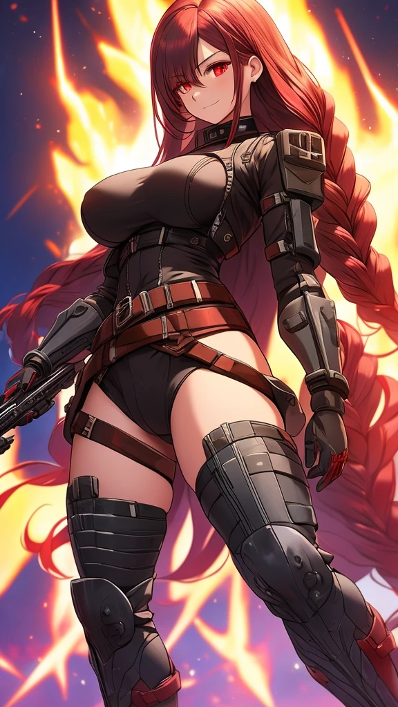 woman, long braided hair, vermilion hair, perfect body, metal mouth cover, metal robot arms, purple-red eyes, military top, big breasts, beautiful thick thighs, purple-red and black clothing, military boots, many belts , futuristic rifle, has war scars, posing with a rifle, full body focus, high definition details, dynamic lighting, rtx, military base background.