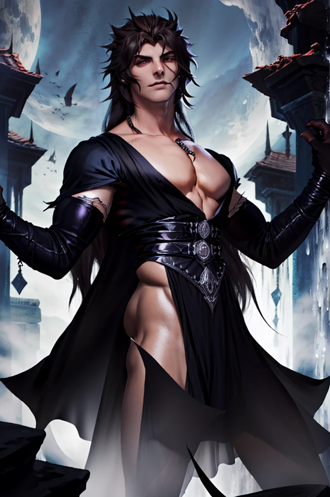 Create a vampire character named Nebur Belmont. His physical features should be similar to those of Alucard from Castlevania: Symphony of the Night. Nebur Belmont should have an elegant and mysterious appearance, with long silver hair, piercing eyes and sharp facial features. Wear dark and gothic style clothes. Your presence must be imposing and noble, reflecting his aristocratic origin and supernatural power. with the full moon in the background