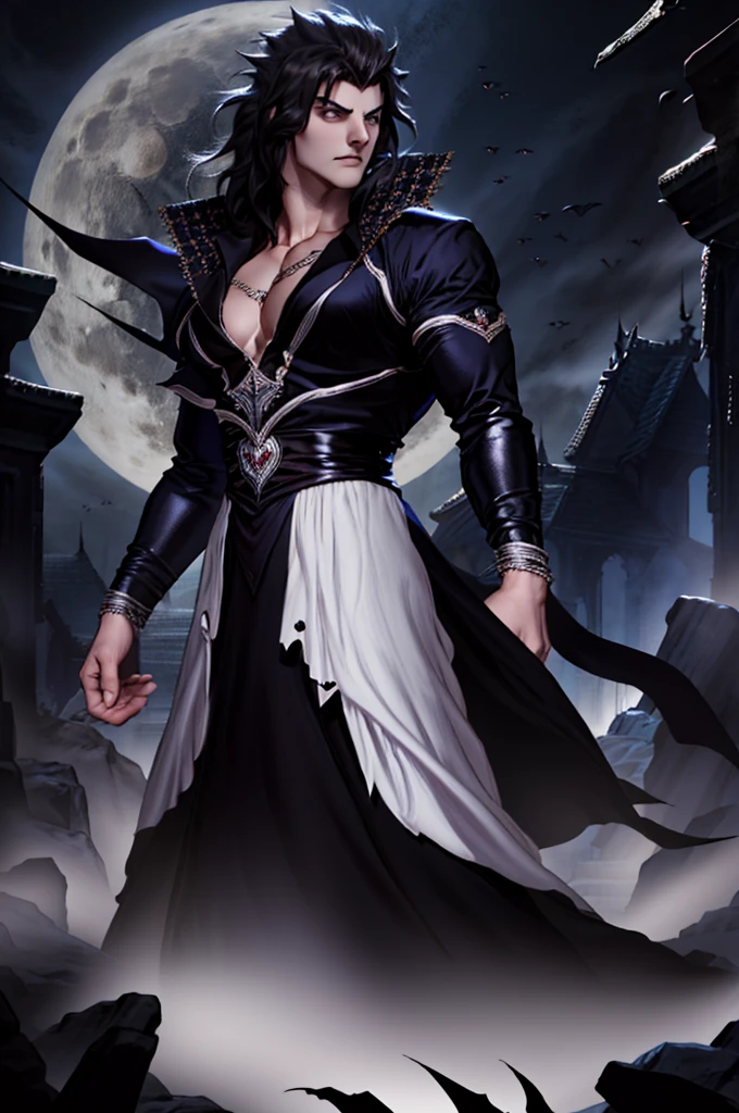 Create a vampire character named Nebur Belmont. His physical features should be similar to those of Alucard from Castlevania: Symphony of the Night. Nebur Belmont should have an elegant and mysterious appearance, with long silver hair, piercing eyes and sharp facial features. Wear dark and gothic style clothes. Your presence must be imposing and noble, reflecting his aristocratic origin and supernatural power. with the full moon in the background
