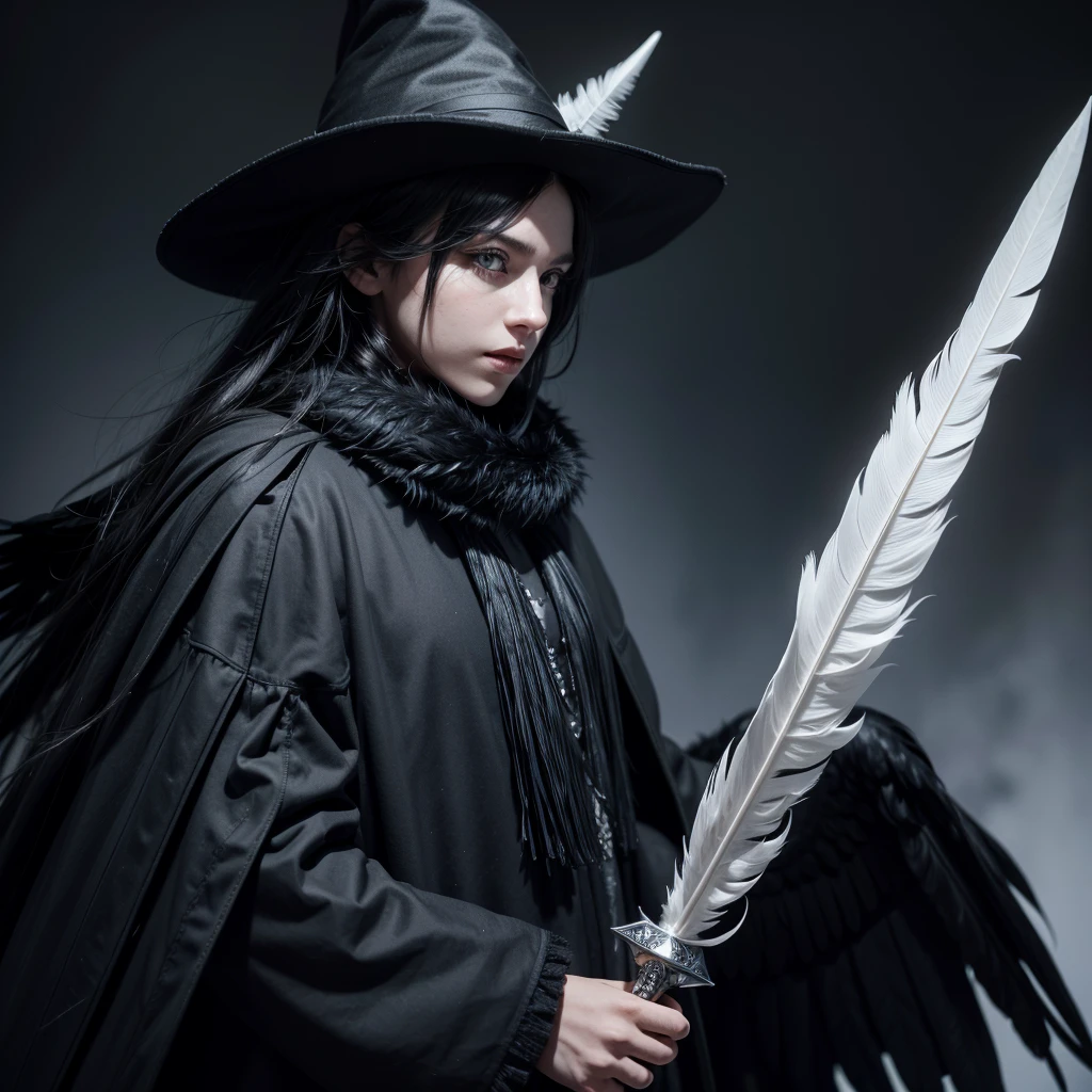 my character is literally a black crow, wearing a wizard's hat, holding a black wizard's shiny staff, bright white eyes, a tail with long feathers, a black feather scarf, a long beak, horns on the hat, black feathers highlighted on the chest and on the sides. back, half-long torn cover, conjuring "Abyssal", face completely black, only the eyes glow white