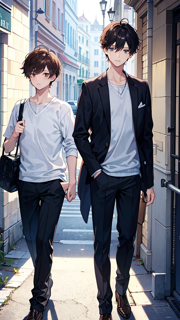 two boys, a short one with black hair and a tall one with brown hair, the two in at the school entrance