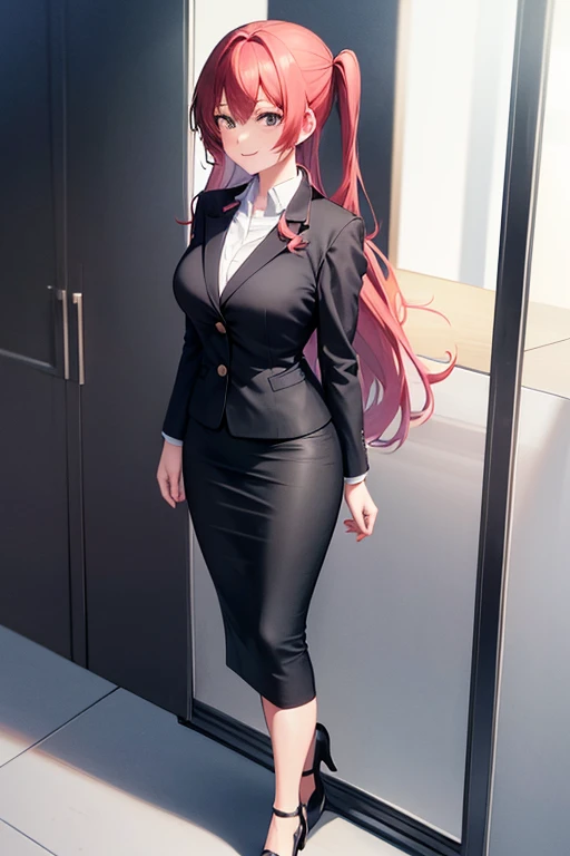 1girl, ikuyo kita, woman, office, suit, office lady, black skirt, black blazer, tight pencil skirt, skirt suit, maxi length skirt, pink shirt, collared shirt, long hair, looking at viewer, full body, smile, walking