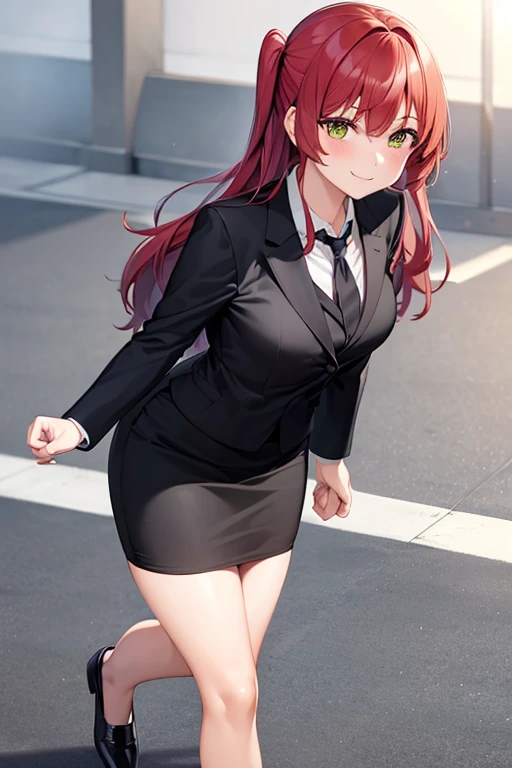 1girl, ikuyo kita, woman, office, suit, office lady, black skirt, black blazer, tight pencil skirt, skirt suit, maxi length skirt, pink shirt, collared shirt, long hair, looking at viewer, full body, smile, walking