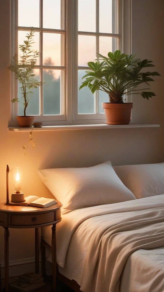 {
  "prompt": "A gentle sunrise over the horizon softly illuminating a cozy bedroom. In the bed, a person stretches with a serene smile, ready to start the day. The walls are warm-toned, and the soft sheets add to the room's tranquility. On the bedside table, a vintage alarm clock shows the morning hour next to an open book, suggesting a peaceful night of reading. Light curtains flutter with a gentle breeze, and a potted plant by the window completes the welcoming and serene atmosphere.",
  "size": "1024x1024"
}