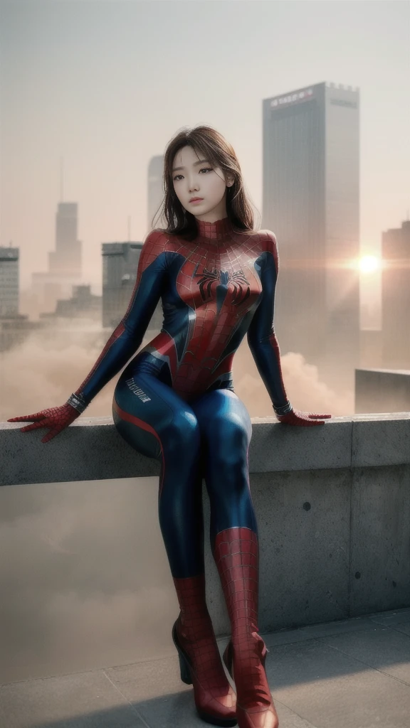 (1 woman:1.3), alone, (((Very detailed face)))), ((very detailed 눈과 얼굴)))), beautiful 디테일의 눈, body parts__, official art, Unified 8k Wallpapers, very detailed, beautiful and beautiful, beautiful, masterpiece, best quality, original, masterpiece, very nice photo, best quality, ultra high resolution, realistic realism, sunlight, full body portrait, amazing beauty, dynamic pose, delicate face, lively eyes, (from the front), she wears a spiderman suit, red and black color scheme, spider, very detailed 도시 지붕 배경, rooftop, City View, detailed face, Detailed complex busy background, crummy, Very cool, milk white, very detailed 피부, realistic skin details, visible pores, clear focus, volumetric fog, 8,000 words, dslr, high quality, film grain, fair skin, photo realism, lomography, Future dystopian mega city, transparent
