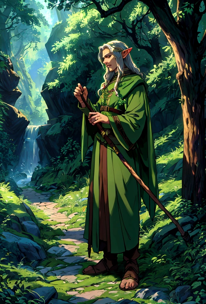 A drawing of a man holding a walking stick in the forest., portrait of a forest Mages, a a druid, of the tree wizard,20 years old, elf male,elf, fantasy Mages, Spelling Wizard, nature a druid, elf, a druid, world of warcraft elf a druid, archMages, Mages, เรนเจอร์elfชาย, greatest elf warrior, tree a druid, epic elf warrior