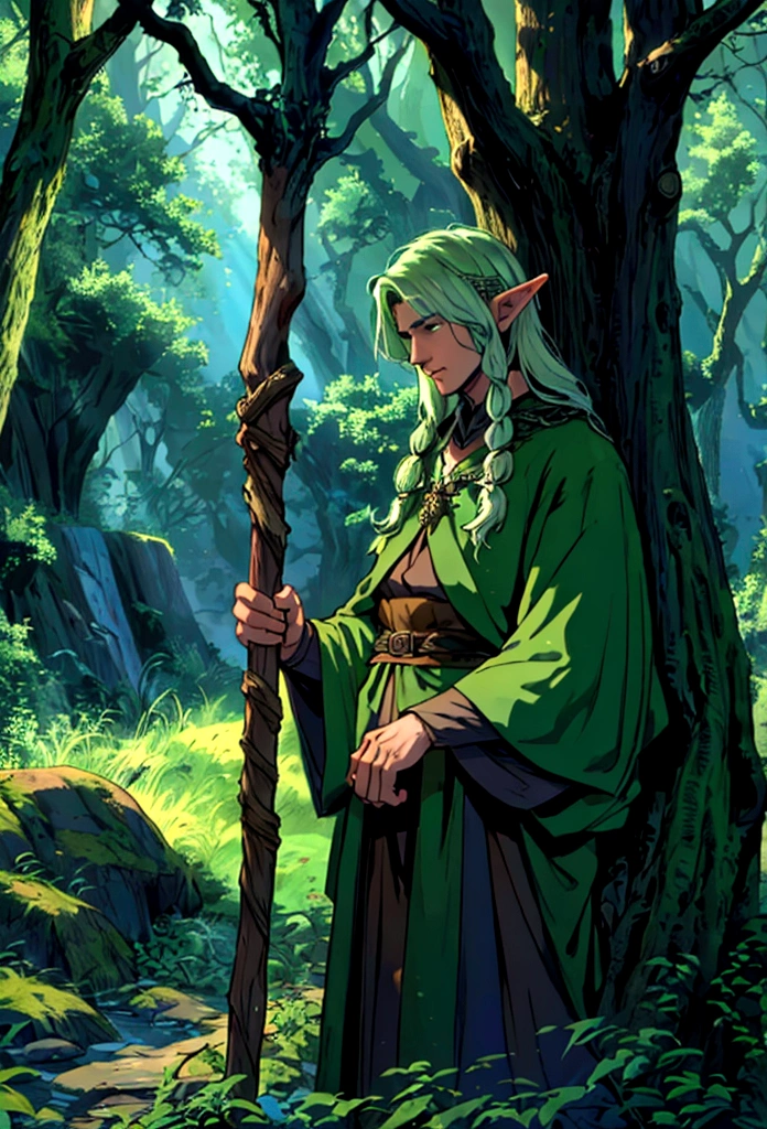 A drawing of a man holding a walking stick in the forest., portrait of a forest Mages, a a druid, of the tree wizard,20 years old, elf male,elf, fantasy Mages, Spelling Wizard, nature a druid, elf, a druid, world of warcraft elf a druid, archMages, Mages, เรนเจอร์elfชาย, greatest elf warrior, tree a druid, epic elf warrior