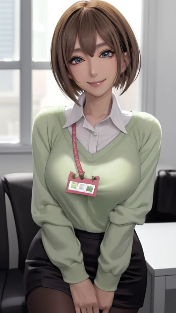 2D, masterpiece, highest quality, anime, highly detailed face, highly detailed eyes, highly detailed background, perfect lighting, whole body, 1 girl, alone, Harusaki Nodoka, collared shirt, Green sweater, black skirt, pantyhose, ID card, embarrassing, smile, Are standing, office 