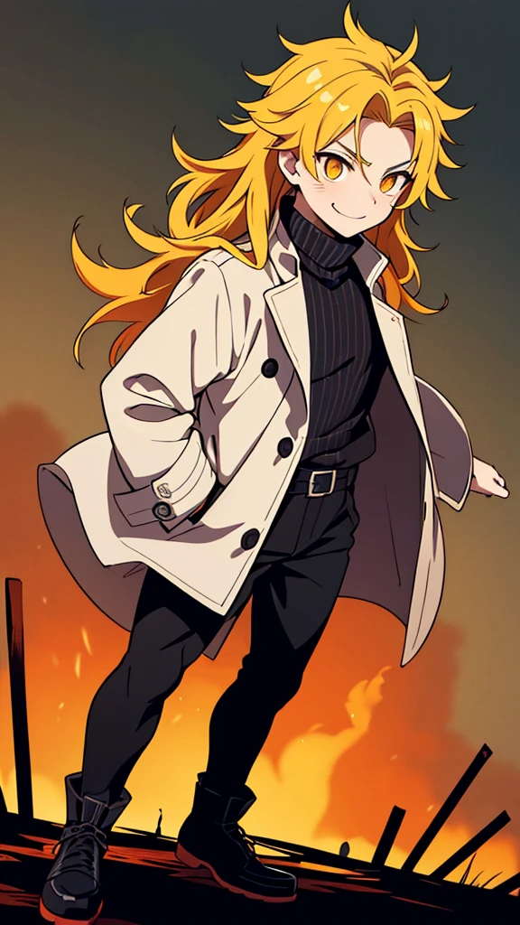 taisho period Japan man, dark aesthetic, darkwave aesthetic, grunge aesthetic, eerie moorlands behind him, dark aesthetics, eerie thriller aesthetic, dark and moody aesthetic, ominous, bright yellow hair, bright orange eyes, wolfcut, Kyojuro Rengoku, turtleneck sweater, demon slayer, kimetsu no yaiba, confident expression, long hair, white open jacket, solo, reference art, 20-year-old male, white open trench coat, yellow long flowy hair, stubble, 30-year-old male, smile, full-body art