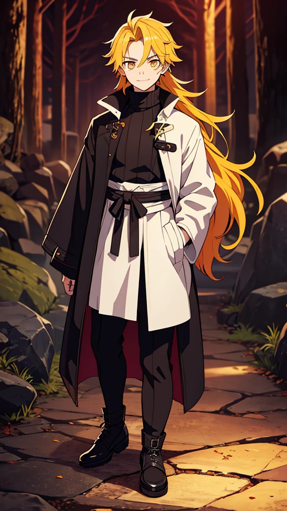 taisho period Japan man, dark aesthetic, darkwave aesthetic, grunge aesthetic, eerie moorlands behind him, dark aesthetics, eerie thriller aesthetic, dark and moody aesthetic, ominous, bright yellow hair, bright orange eyes, wolfcut, Kyojuro Rengoku, turtleneck sweater, demon slayer, kimetsu no yaiba, confident expression, long hair, white open jacket, solo, reference art, 20-year-old male, white open trench coat, yellow long flowy hair, stubble, 30-year-old male, smile, full-body art