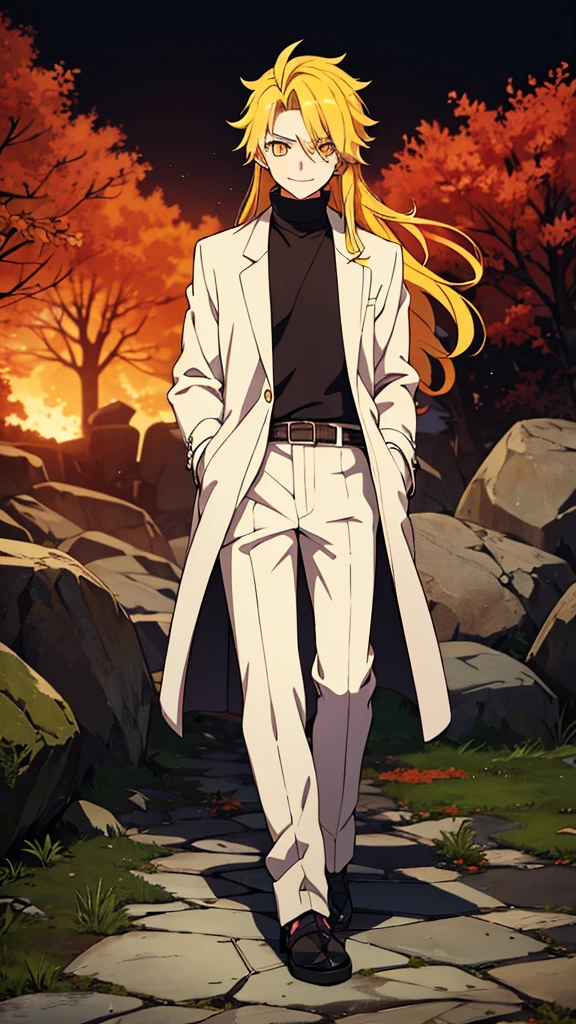 taisho period Japan man, dark aesthetic, darkwave aesthetic, grunge aesthetic, eerie moorlands behind him, dark aesthetics, eerie thriller aesthetic, dark and moody aesthetic, ominous, bright yellow hair, bright orange eyes, wolfcut, Kyojuro Rengoku, turtleneck sweater, demon slayer, kimetsu no yaiba, confident expression, long hair, white open jacket, solo, reference art, 20-year-old male, white open trench coat, yellow long flowy hair, stubble, 30-year-old male, smile, full-body art