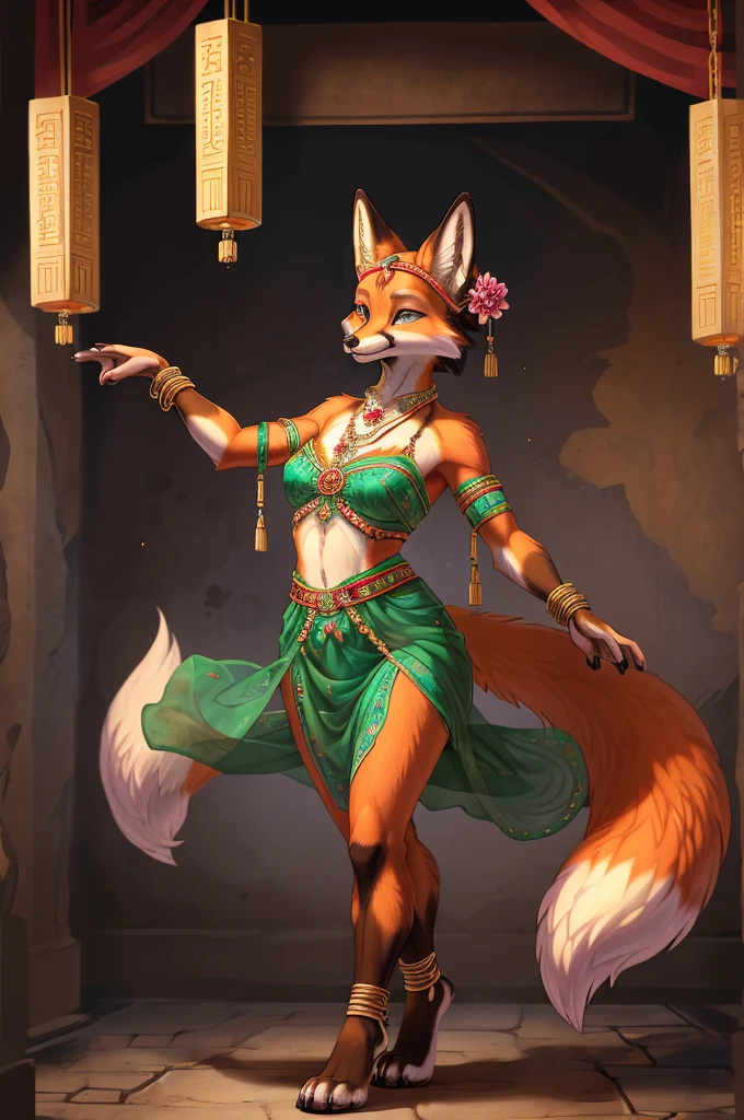 top quality, ancient Chinese beauty(highly detailed beautiful face and eyes)absurdres, perfect anatomy((beast woman, solo focus)) (((furry))) (furry anthro:1.7) ((((Furry body, fox facial features, fox body features)))) ((fox's muzzle, very detailed body fur))full body, dancing pose, gorgeous dress embroidered with intricate embroidery, transparent colorful ribbons tied around her arms, bare shoulders, open neck, wreath, black bun with flower hairpins Belts, armbands with streamers, necklaces, bracelets, anklets, metal chain tassels around the waist, Mogao Grottoes art, inspiration from Dunhuang Flying Apsaras murals, ink wash,