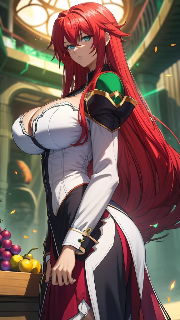 ​masterpiece, top-quality, hight resolution, Rias Gremory, 1girl in, length hair, grape-colored hair, sparks, blue eyess, large round breasts, Very long hair, strong, emerald-green colored clothes