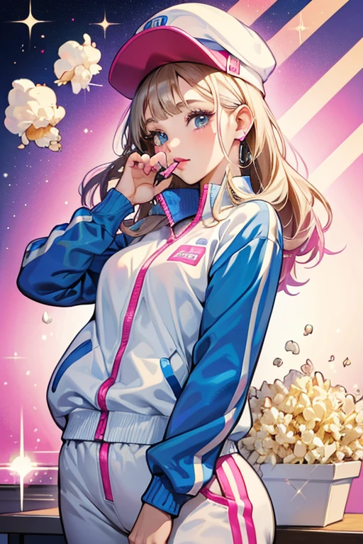 She has chunky highlights, a white baker boy cap, a two tone track suit, blue pattern white popcorn shirt, lip gloss and a hot pink flip phone. SPARKLE; GLITTER