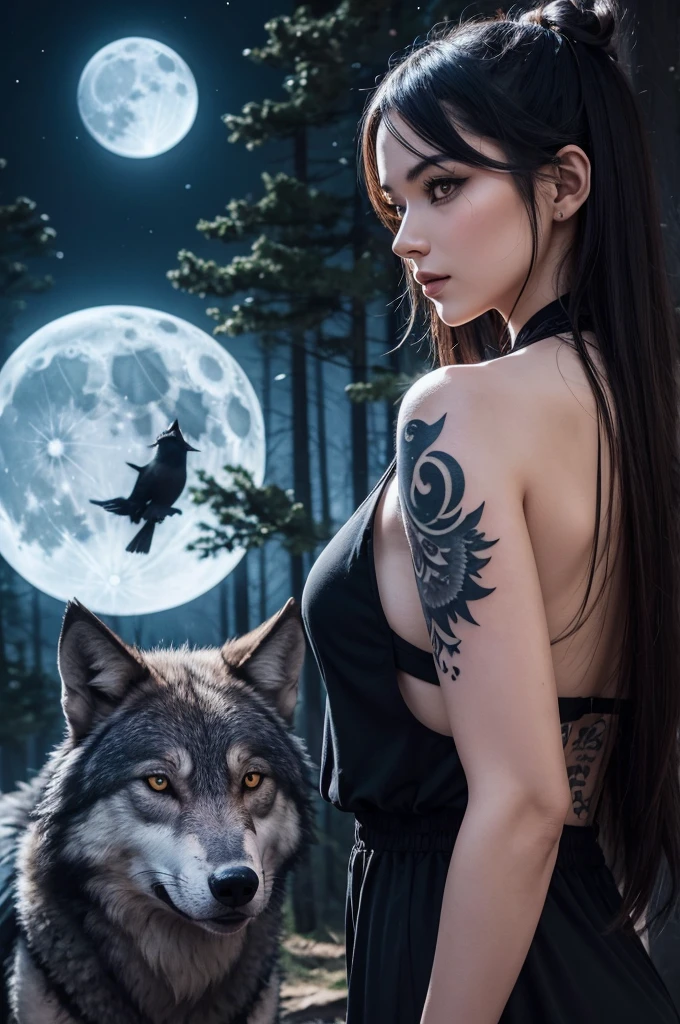 Tattoo a wolf in the forest and a crow looking at the moon