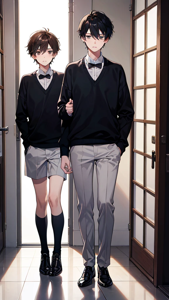 two boys, a short one with black hair and a tall one with brown hair, the two in at the school entrance